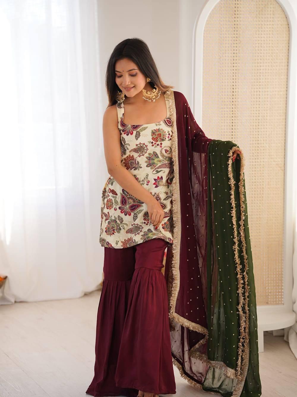 Graceful Floral Ivory Silk Kurti & Sharara With Dupatta Set | Embroidery Work Set