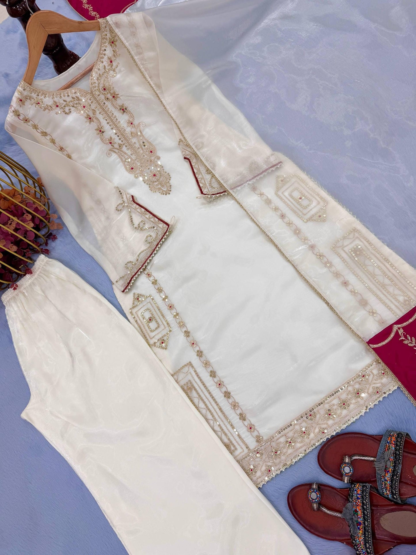 Majestic White Silk Kurta & Palazzo Suit With Dupatta Set | Embroidery Work - Suit For Ramzan