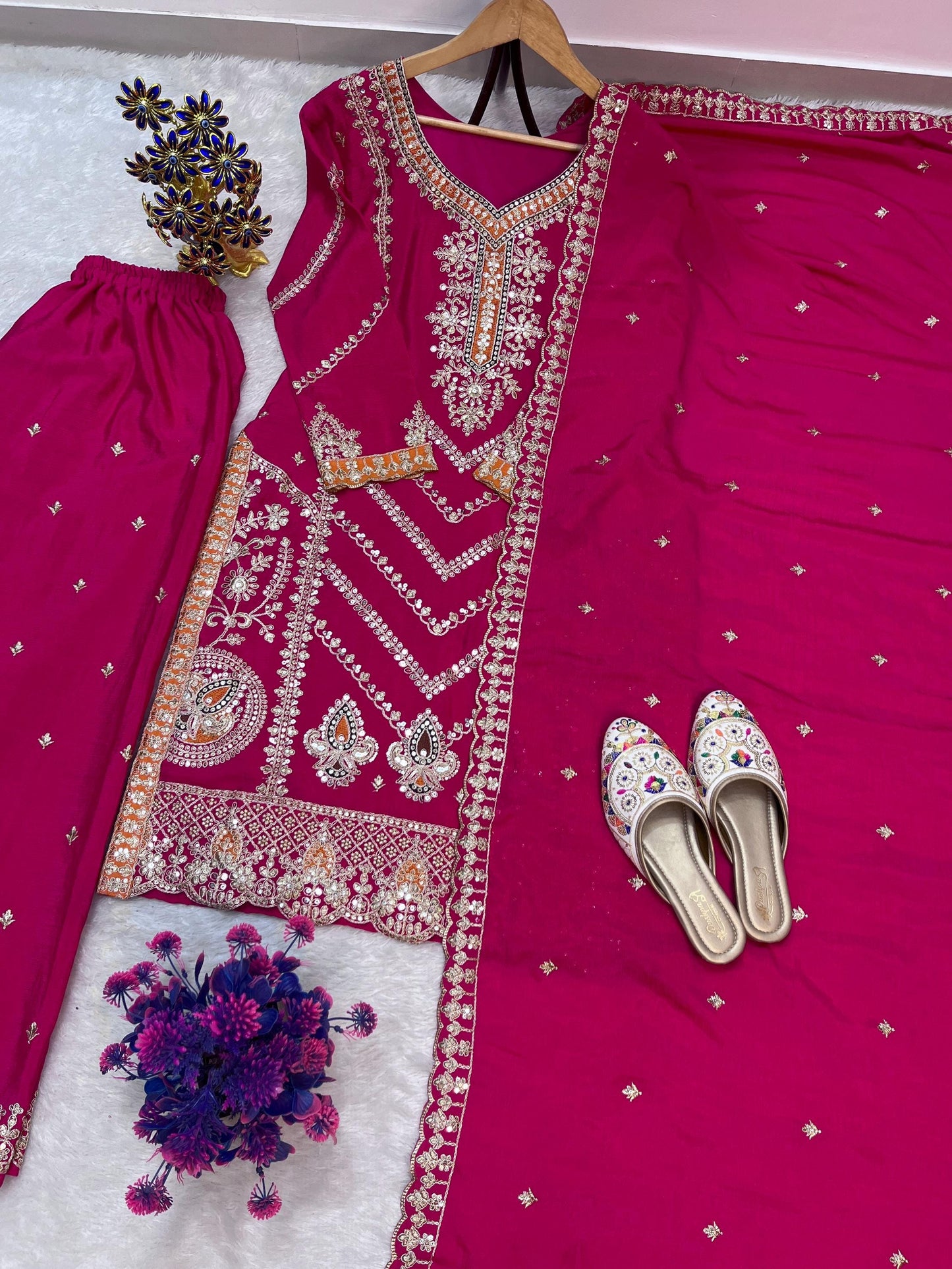Designer Pink Pure Silk Kurti & Palazzo Suit | Sequence Embroidery Work With Dupatta Set