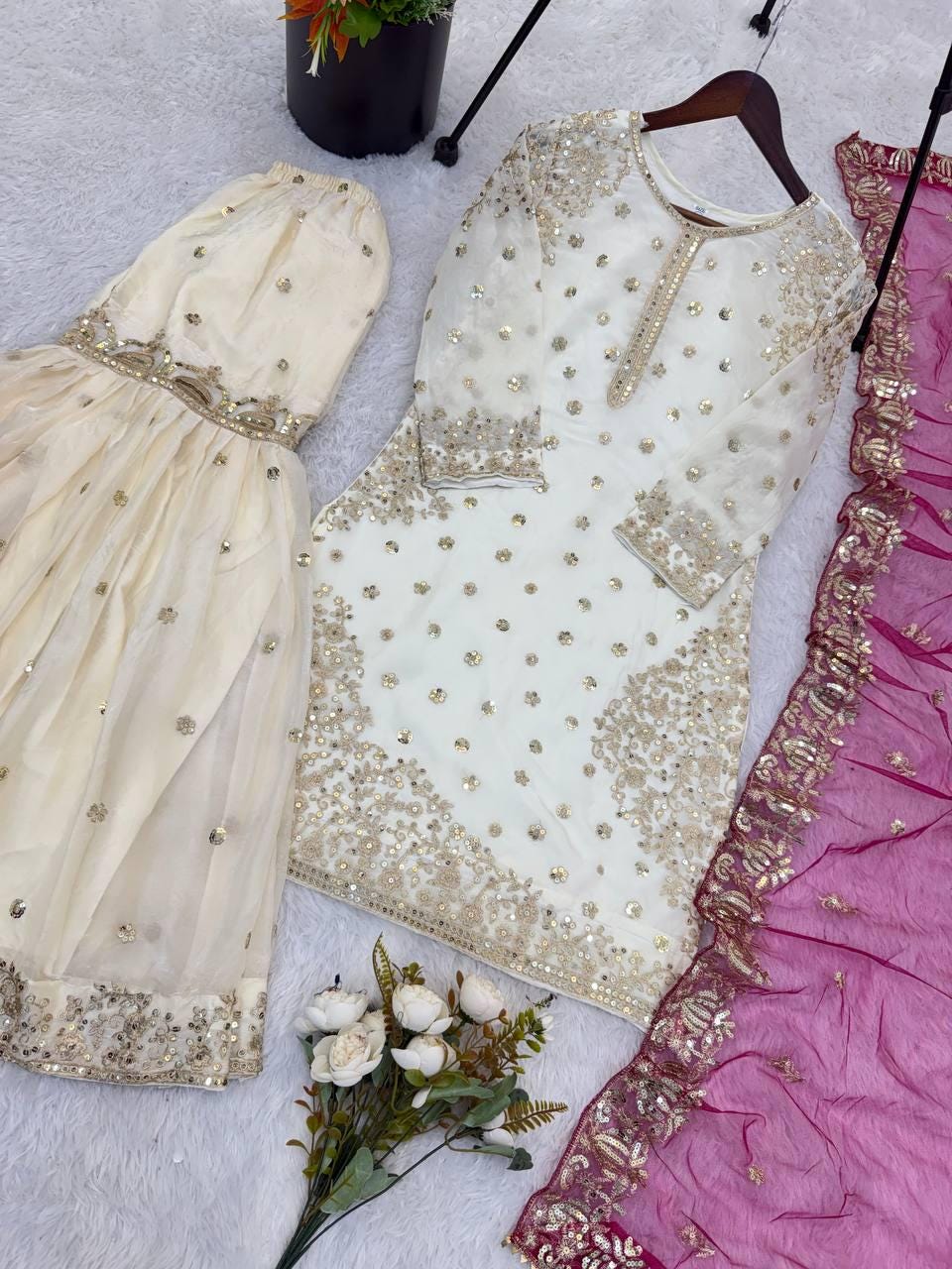 Premium White Kurti & Sharara Pink Dupatta Set With Heavy Sequence Embroidery Work Suit