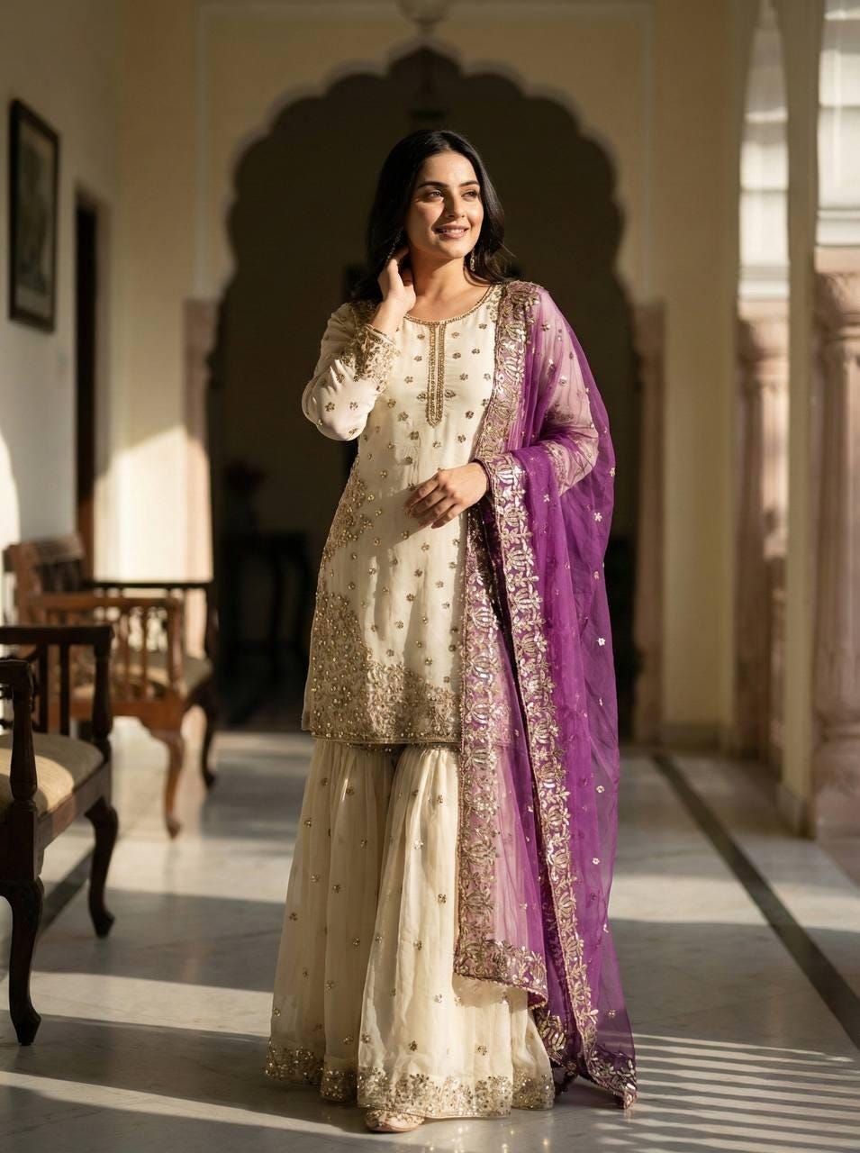 Pure Fendy Silk With Heavy Sequence Embroidery Work Sharara Suit For Women - 3 Piece Set With Dupatta