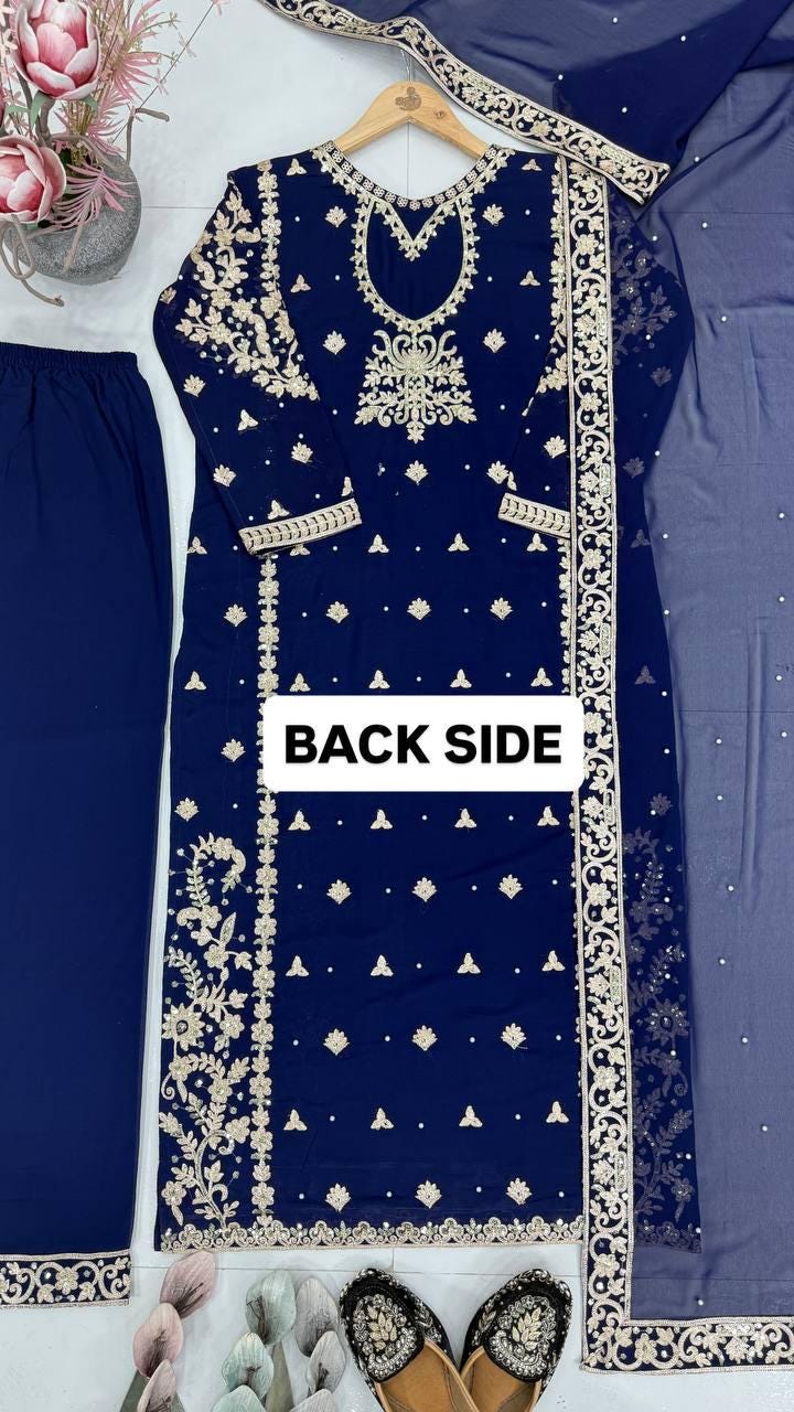 Dark Blue Pakistani Kurti Palazzo Suit Set | Sequence Embroidery Work