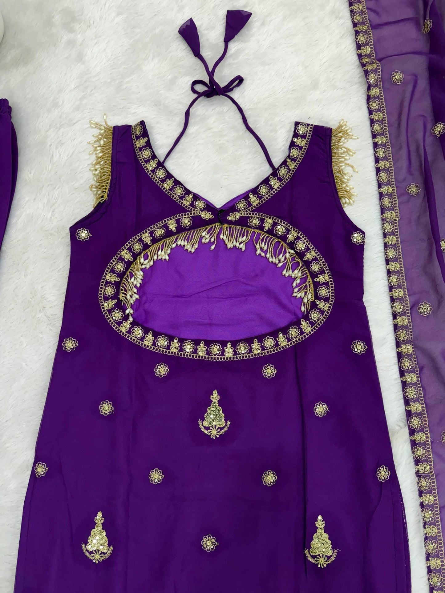 Designer Purple Kurti & Palazzo Dupatta Suit With Embroidery Work