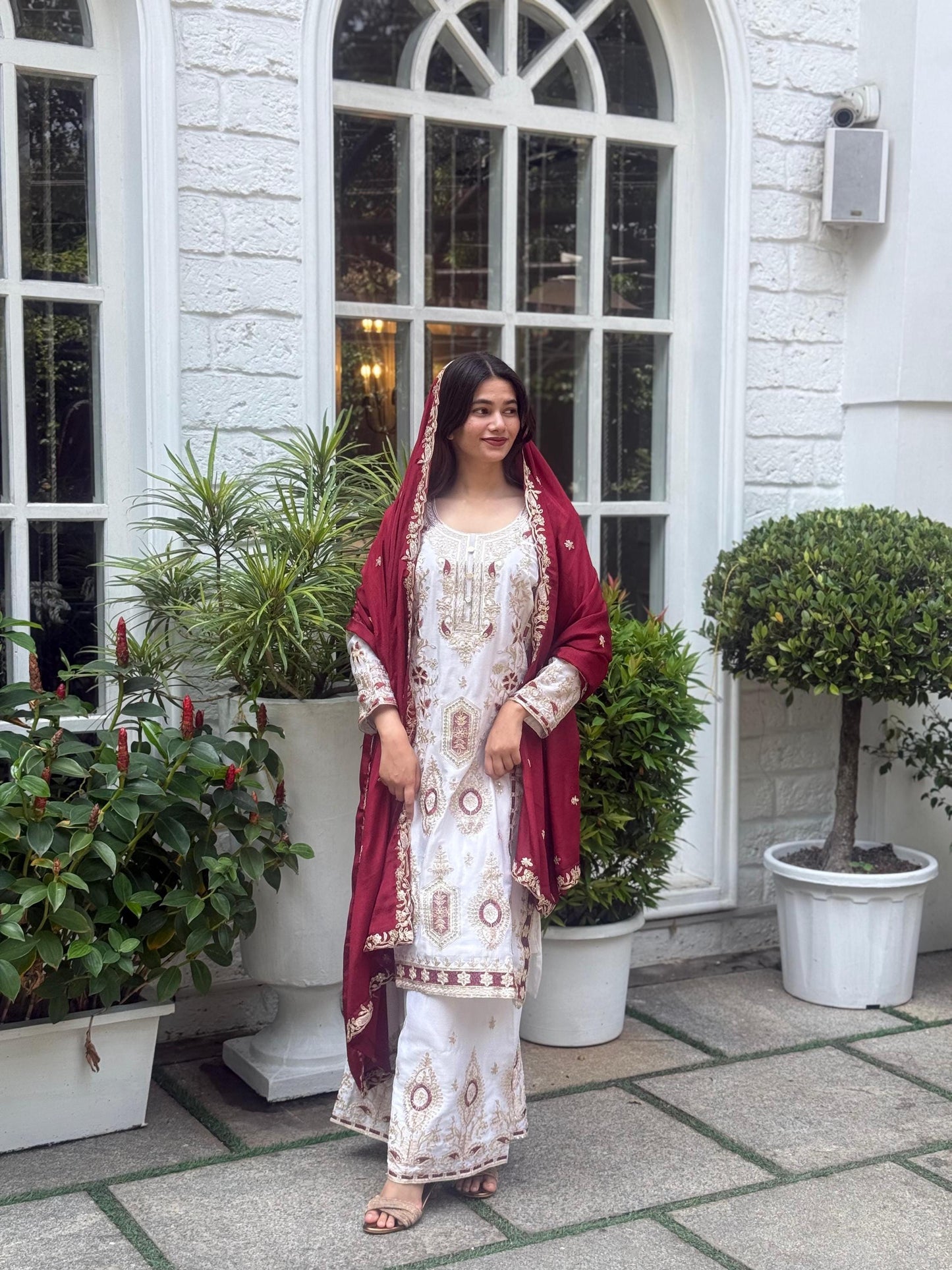 Elegant Cream & Maroon Embroidered Silk Kurta Palazzo Dupatta Set for Eid