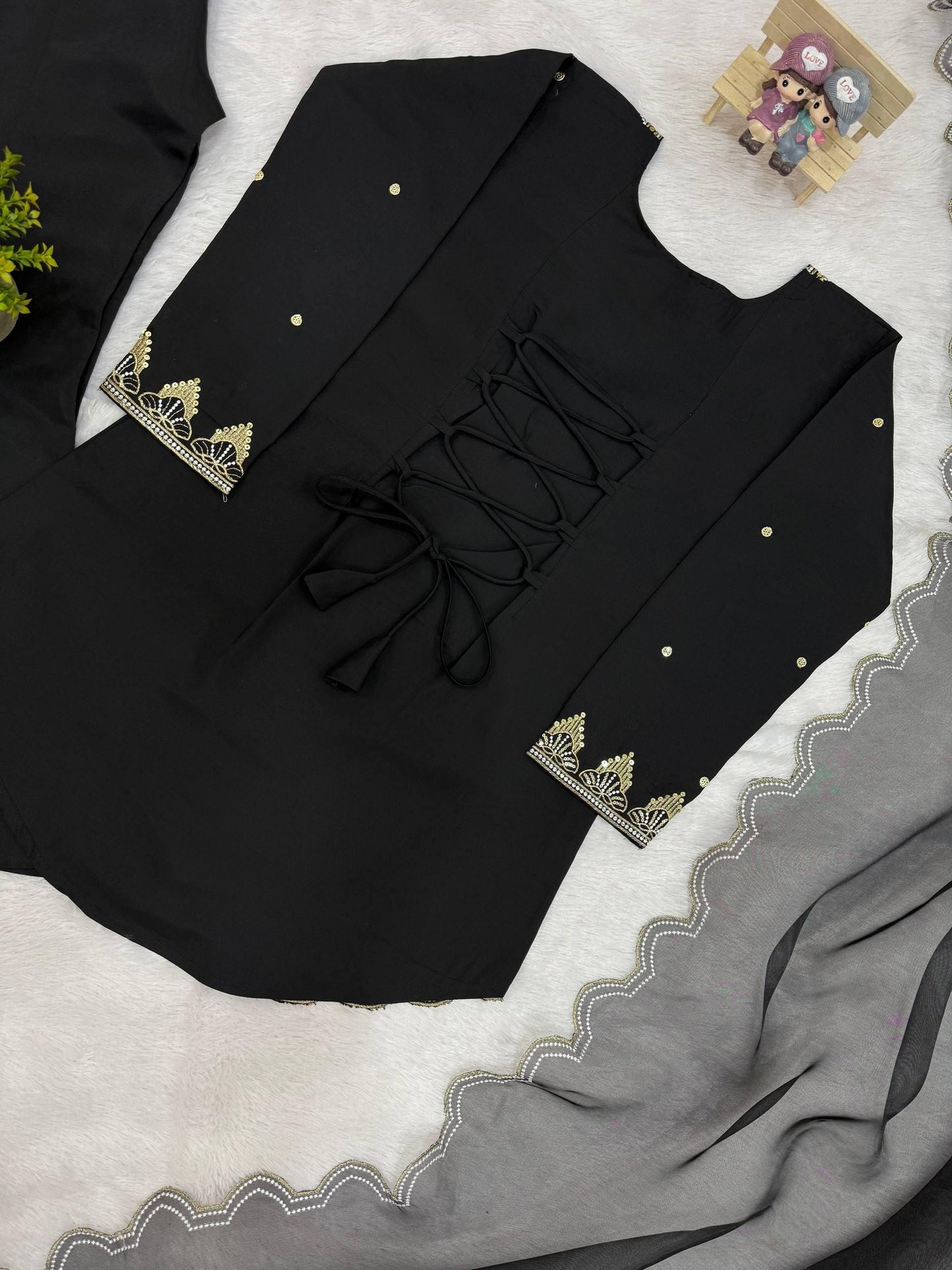 Designer Black Georgette Embroidered Kurti Palazzo Set with Net Dupatta