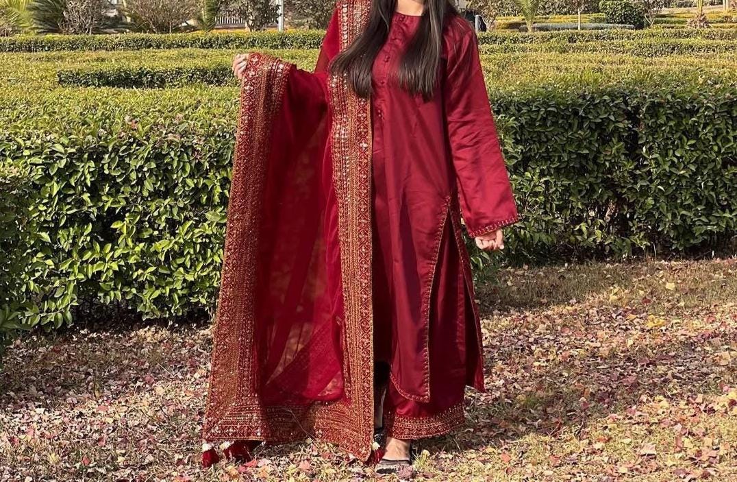 Designer Red Long kurti & Palazzo With Matching Dupatta Set | Sequin Work Suit