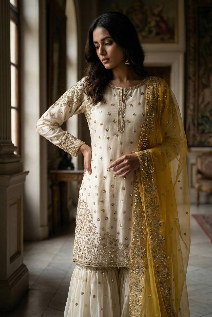 Elegant Cream Heavy Embroidered Kurti Gharara Dupatta Set for Eid & Weddings
