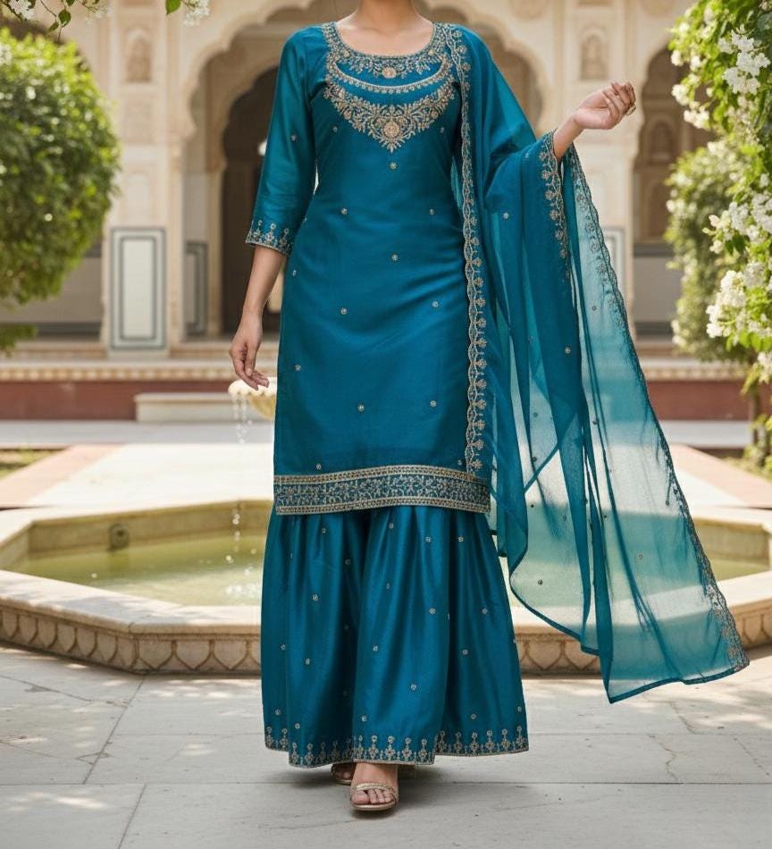 Designer Blue Embroidered Sharara Suits With Matching Dupatta Set