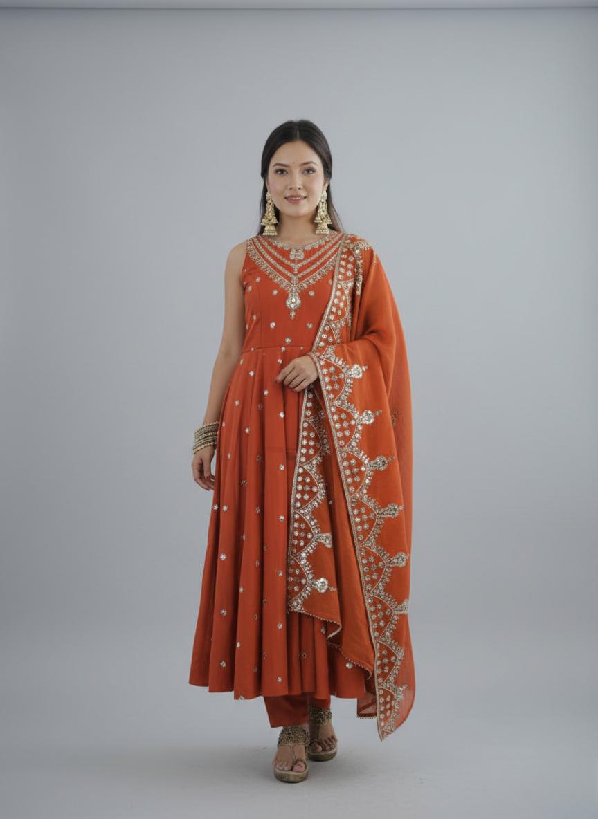 Orange Embroidered Anarkali Suit Set with Dupatta - Indian Wedding Outfit