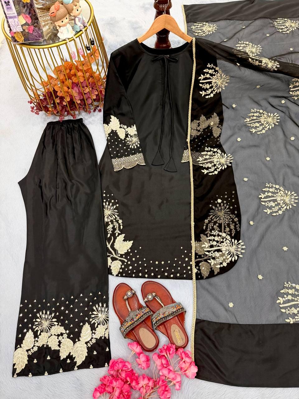 Designer Black Faux Georgette Embroidered Farsi Shalwar Suit With Dupatta Set For Women