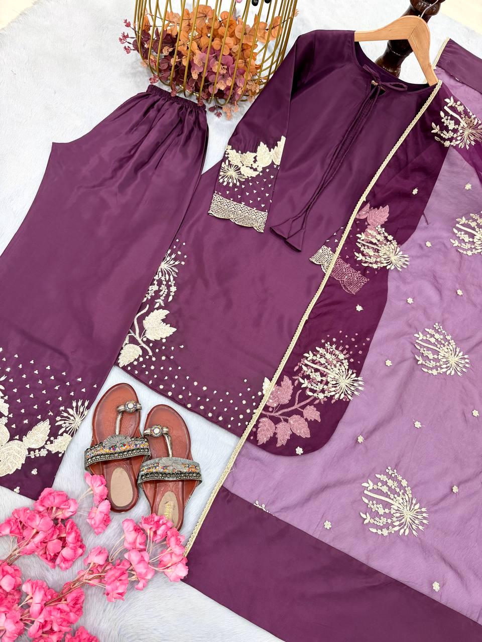 Purple Embroidered Kurti Palazzo Set with Organza Dupatta | Ethnic Suit