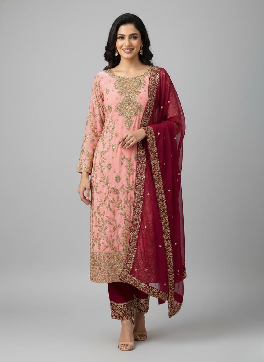 Pink Silk Gold Embroidered Salwar Suit – Maroon Dupatta Pakistani Wedding Outfit