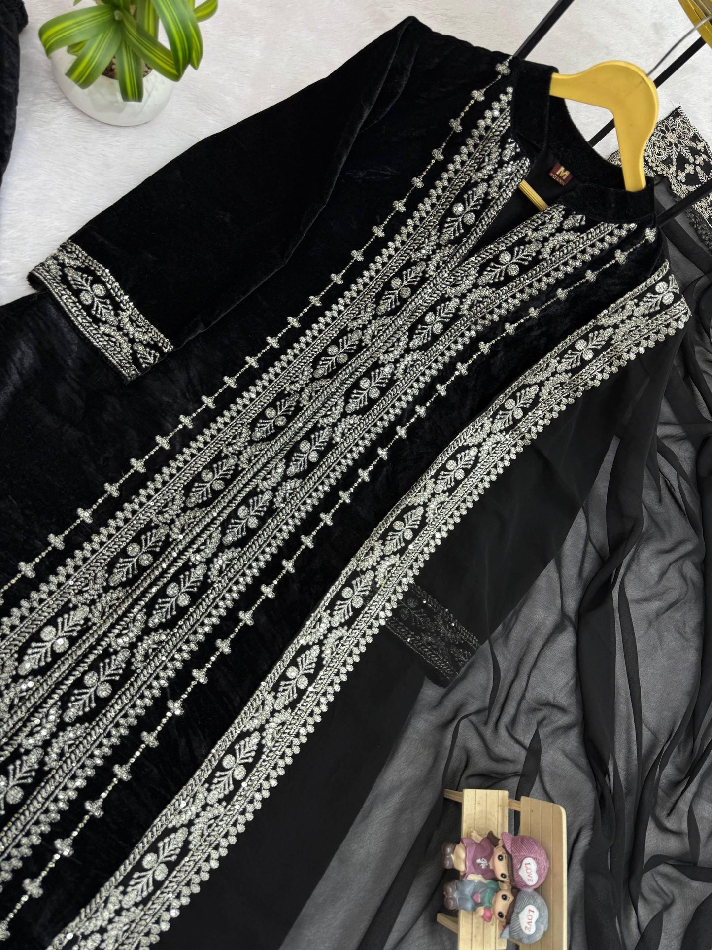 Designer Black Velvet Kurti Palazzo Suit With Dupatta Set | Embroidery Work - 3 Piece Suit