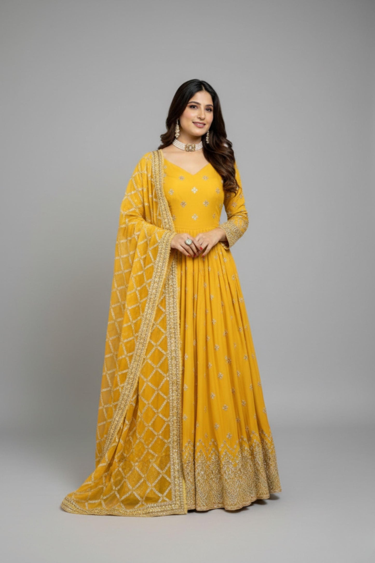 Luxury Yellow Fox Georgette Anarkali Gown with Heavy Embroidery
