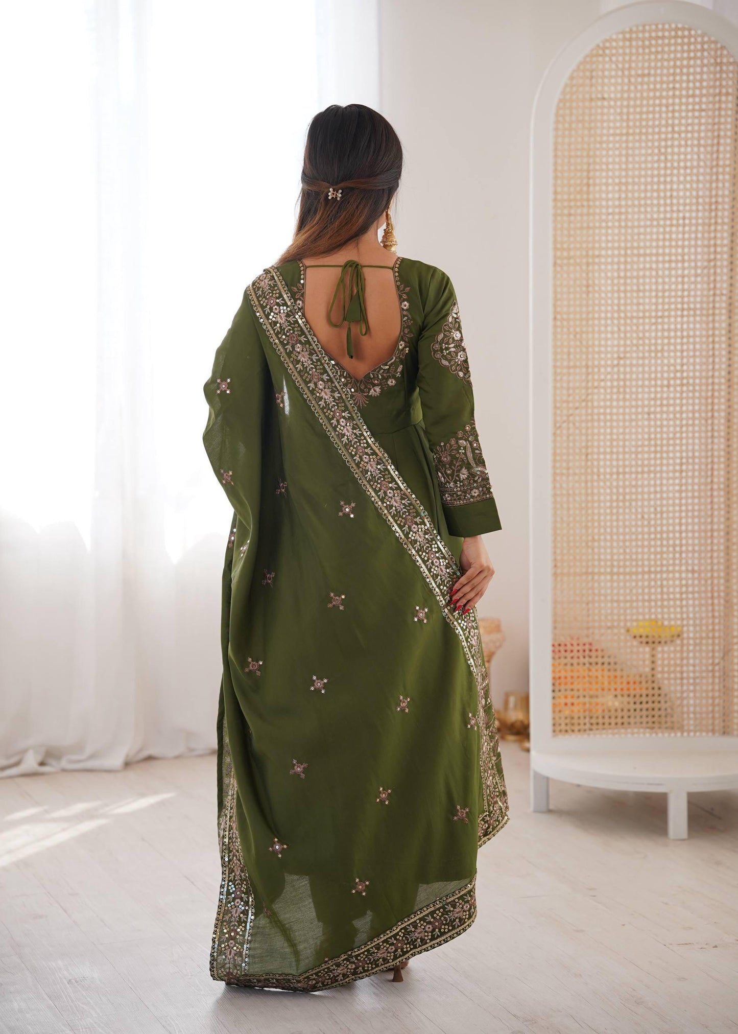Festive Olive Green Sequence Work Anarkali Three Piece Set