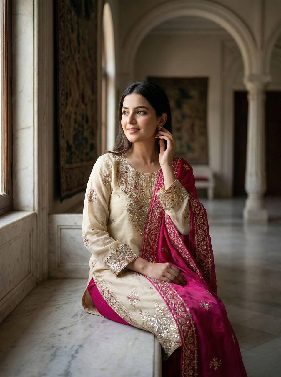 Designer Beige Silk Kurti & Pink Palazzo With Dupatta Set With Sequence Embroidery Work