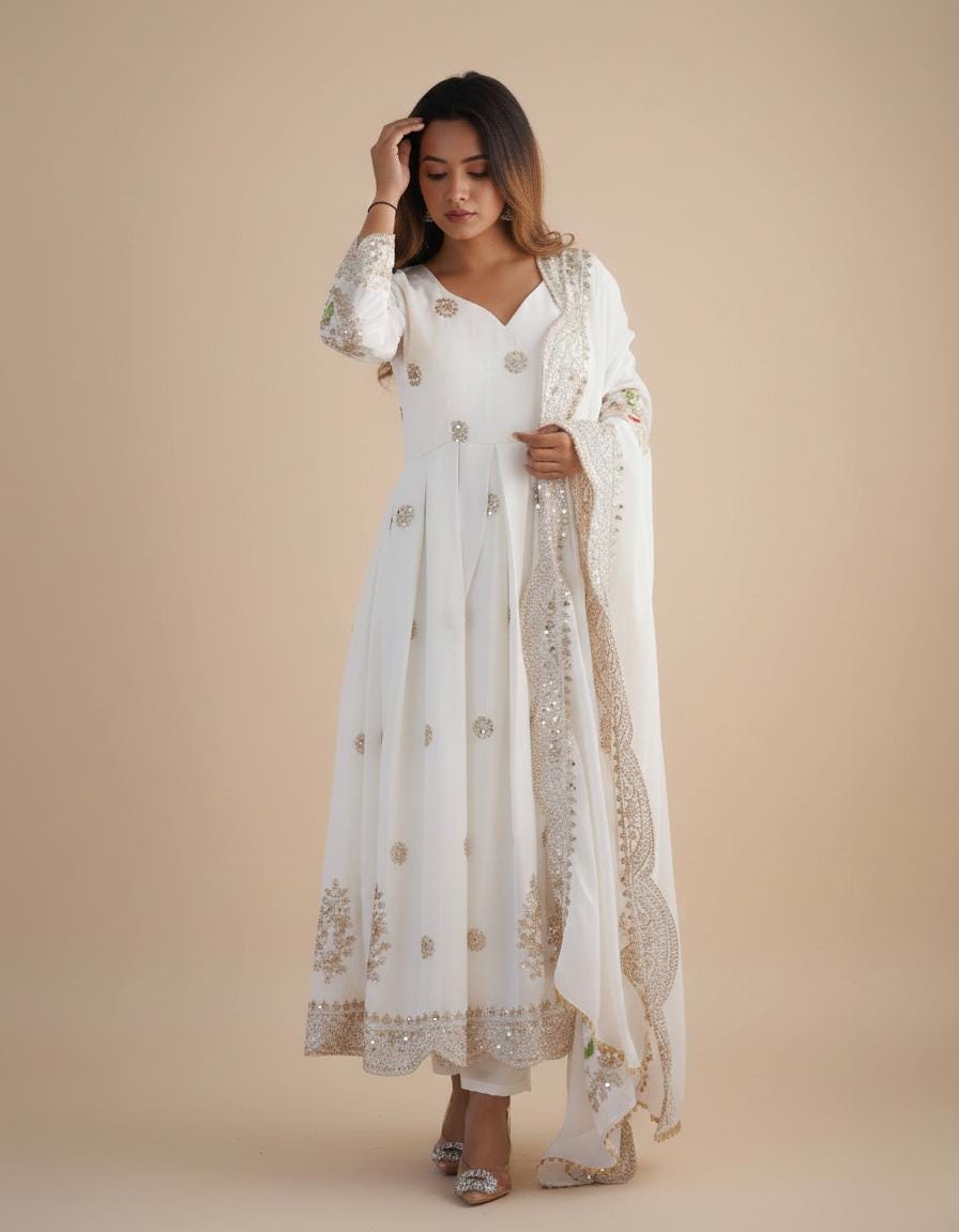 Luxurious White Anarkali Dress with Intricate Thread Embroidery