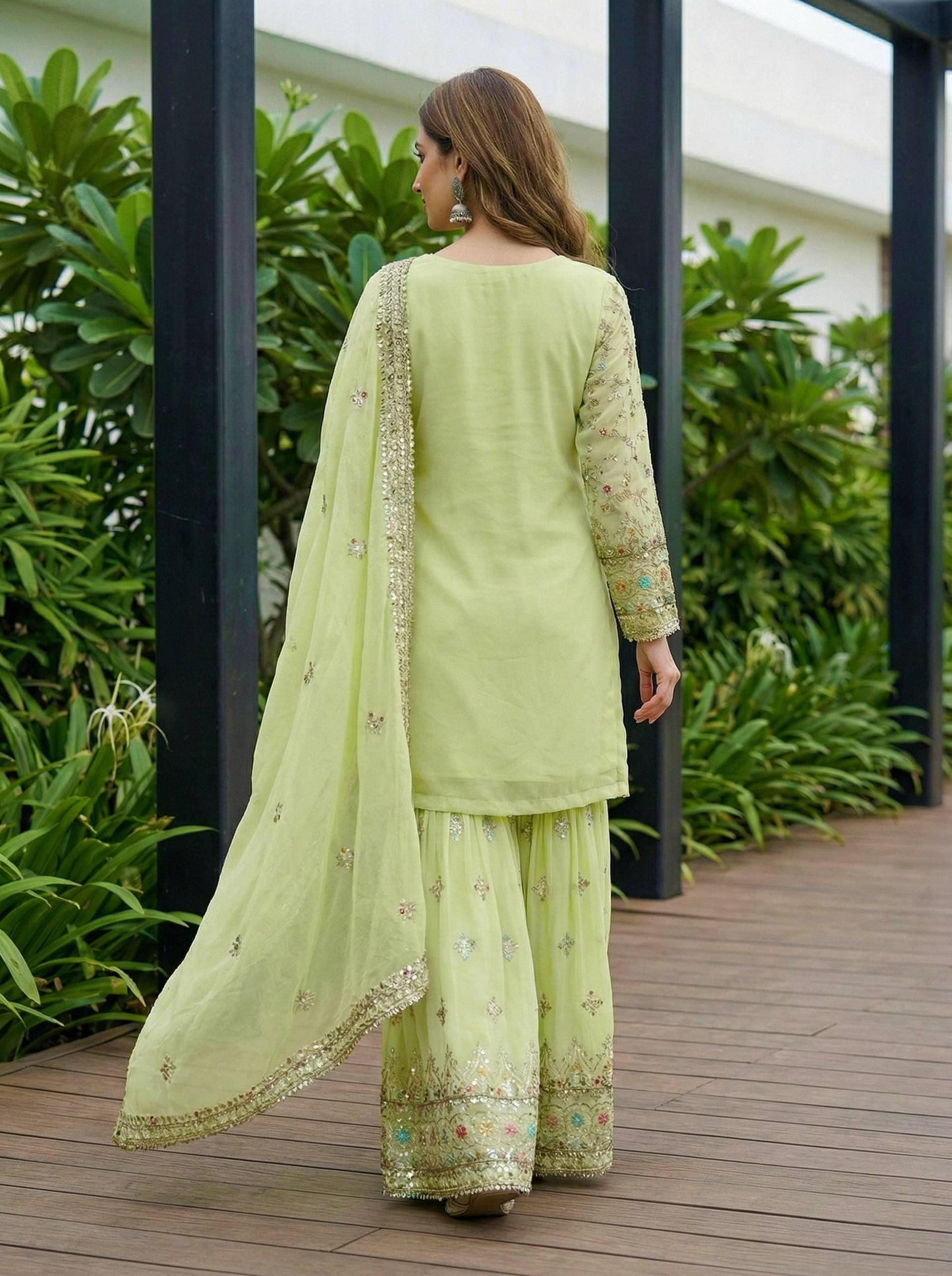 Faux Georgette Pista Green Pakistani Kurti Sharara Set with Dupatta with Embroidery Work