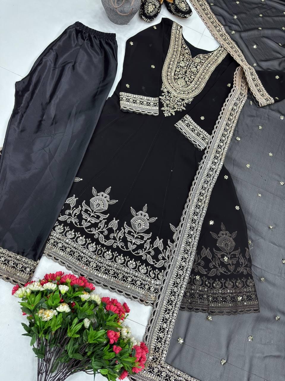 Designer Black Faux Georgette Salwar Kameez For Women's - Sequence Embroidery Work