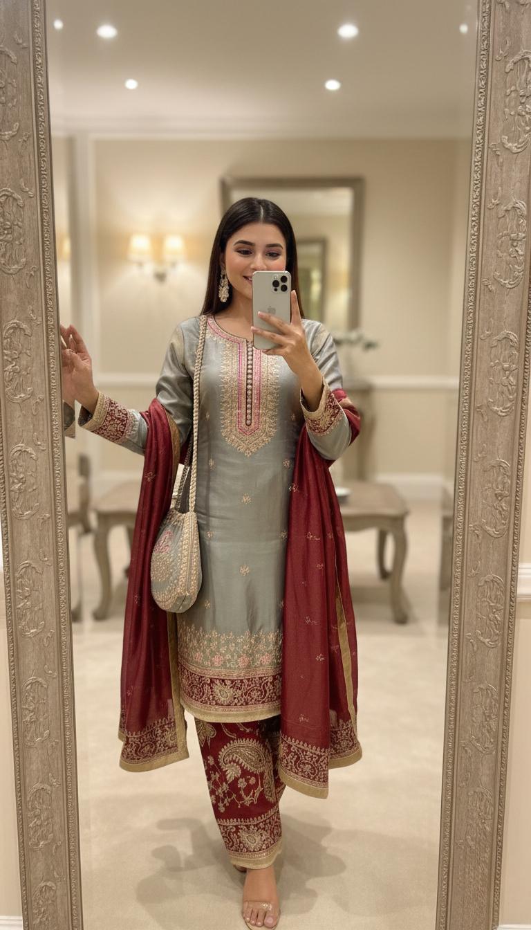 Blue Silk Embroidered Kurta Palazzo Dupatta Set – Pakistani Wedding Dress
