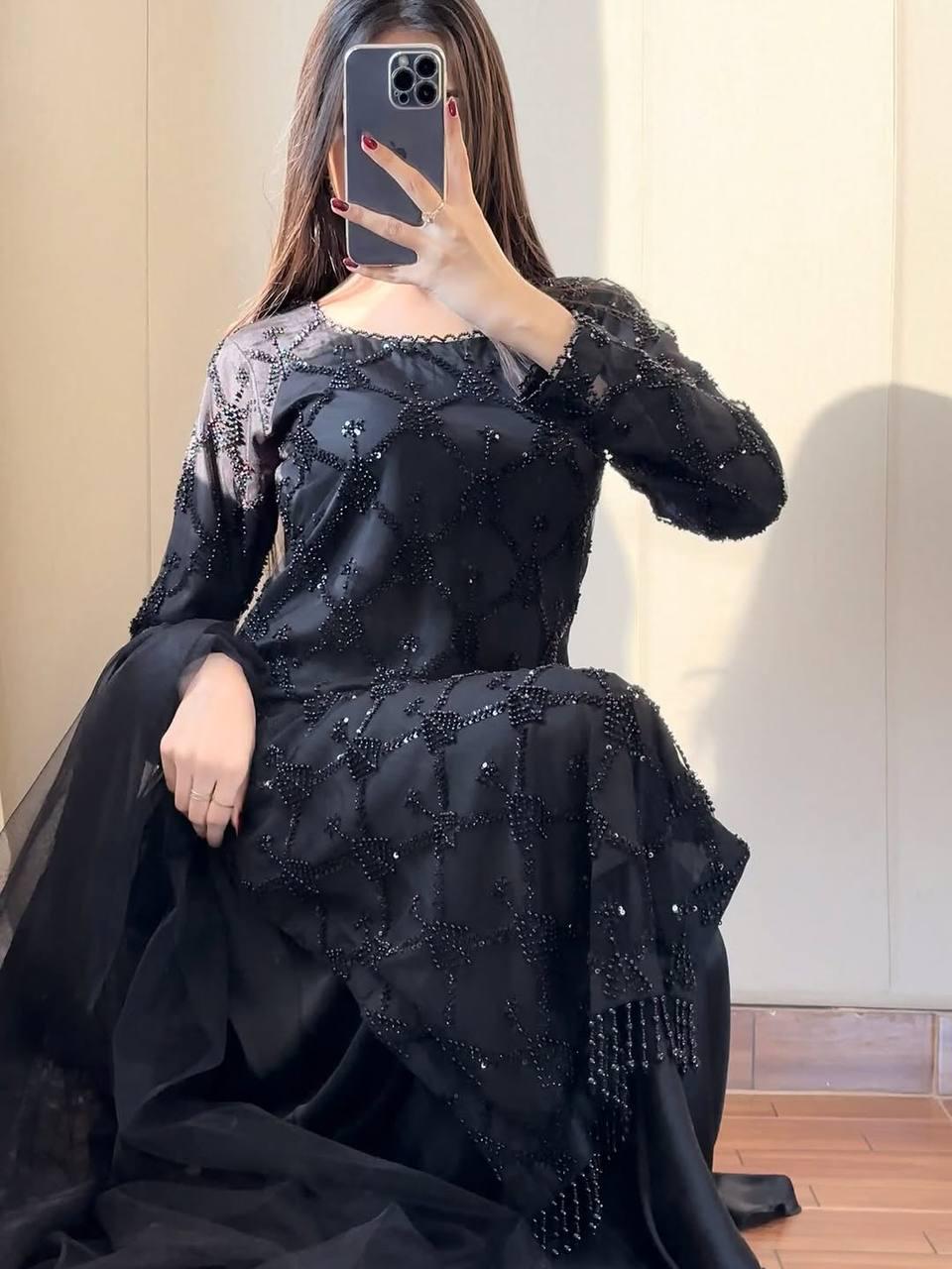 Designer Black Heavy Embroidered Soft Net Party Wear Suit Set with Pearl Work & Dupatta