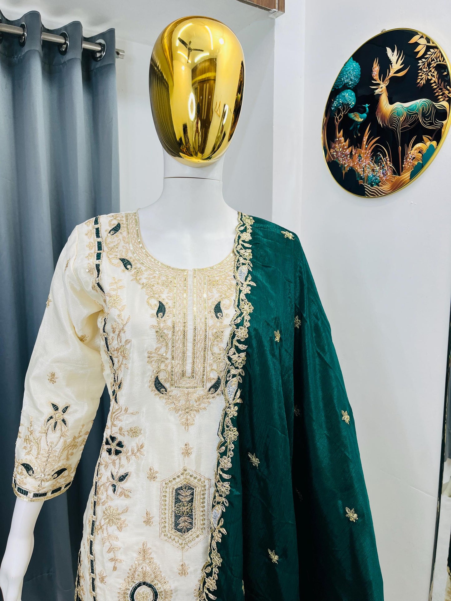 Eid Special Pure Chinon Silk Embroidered Kurta Palazzo Dupatta Set