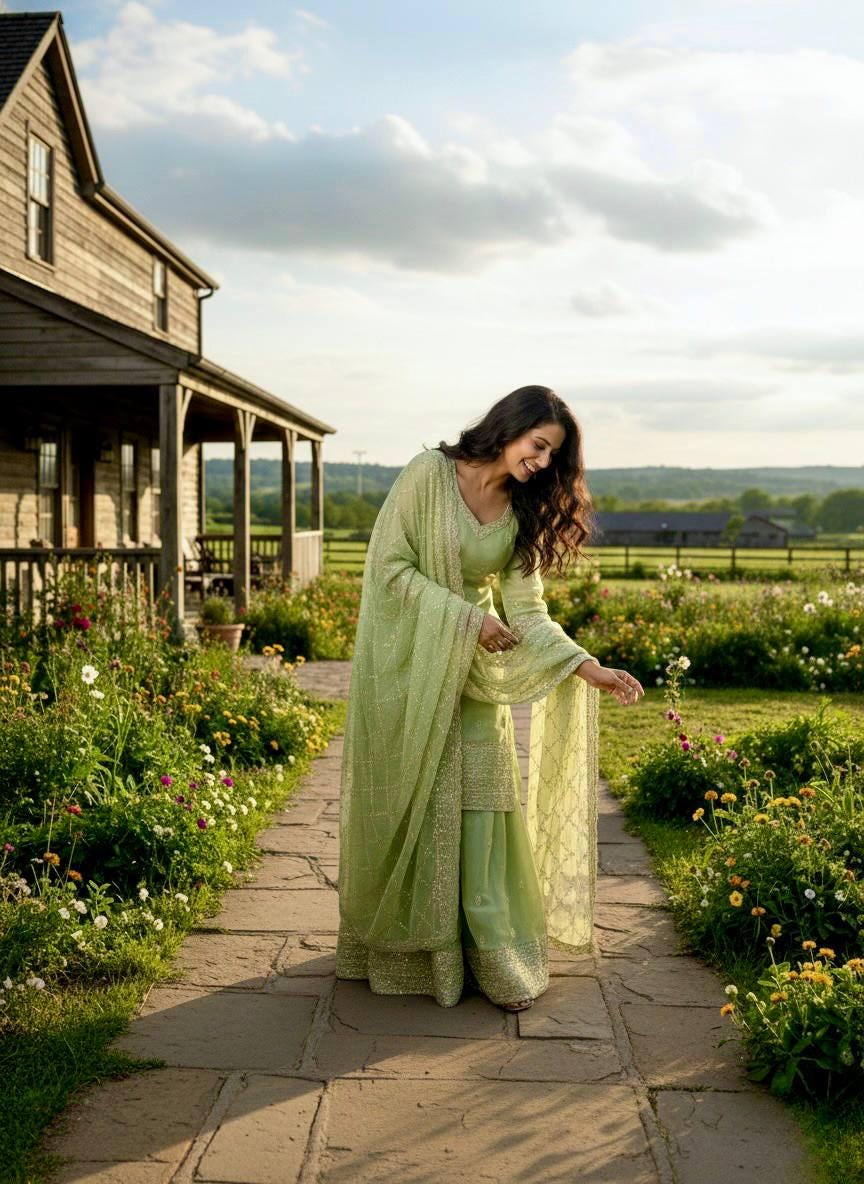 Designer Pastel Green Embroidered Kurti Palazzo Set with Dupatta