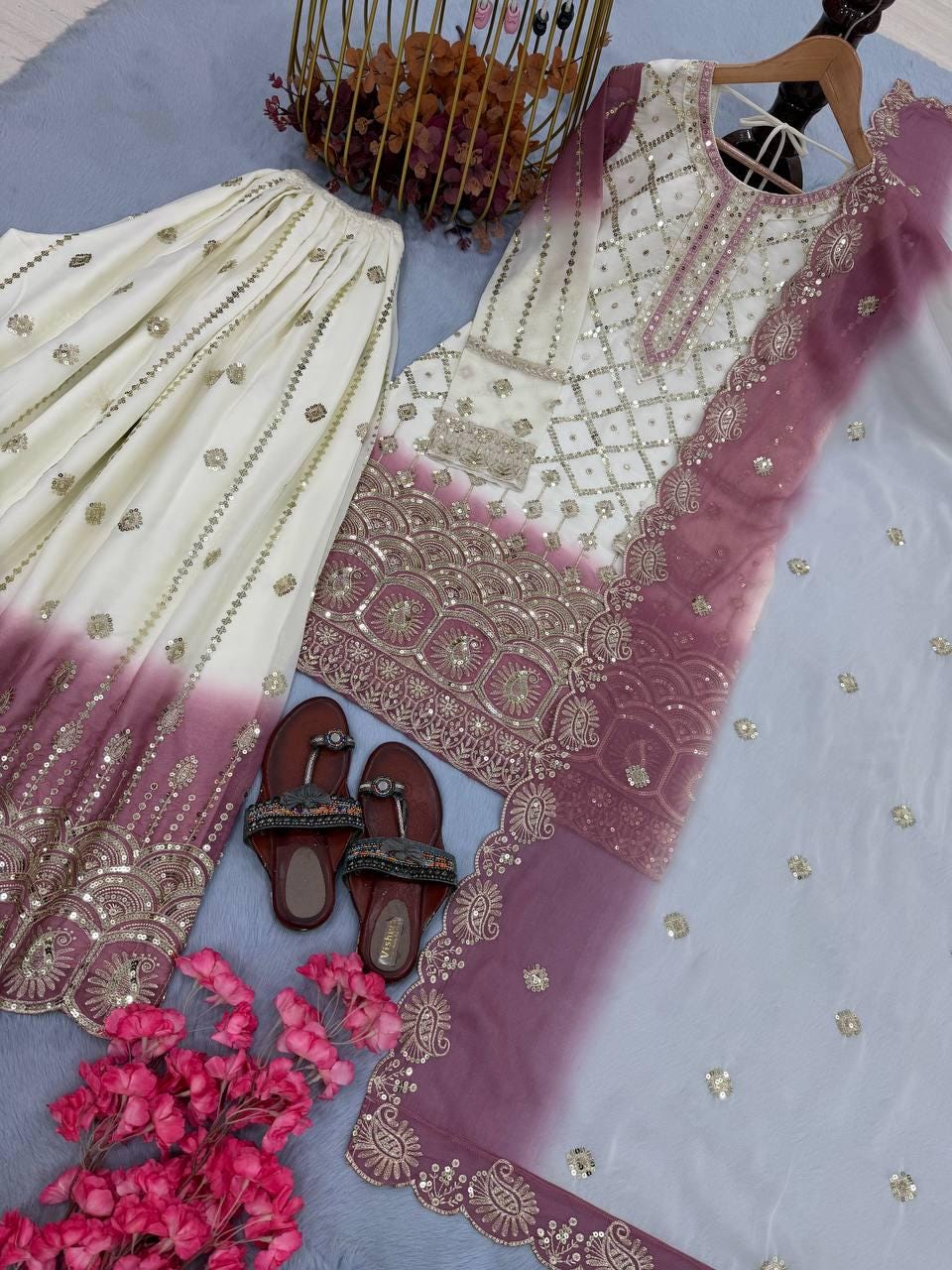 White Kurta & Pink Dual Star Georgette Sequence Work Salwar Suit