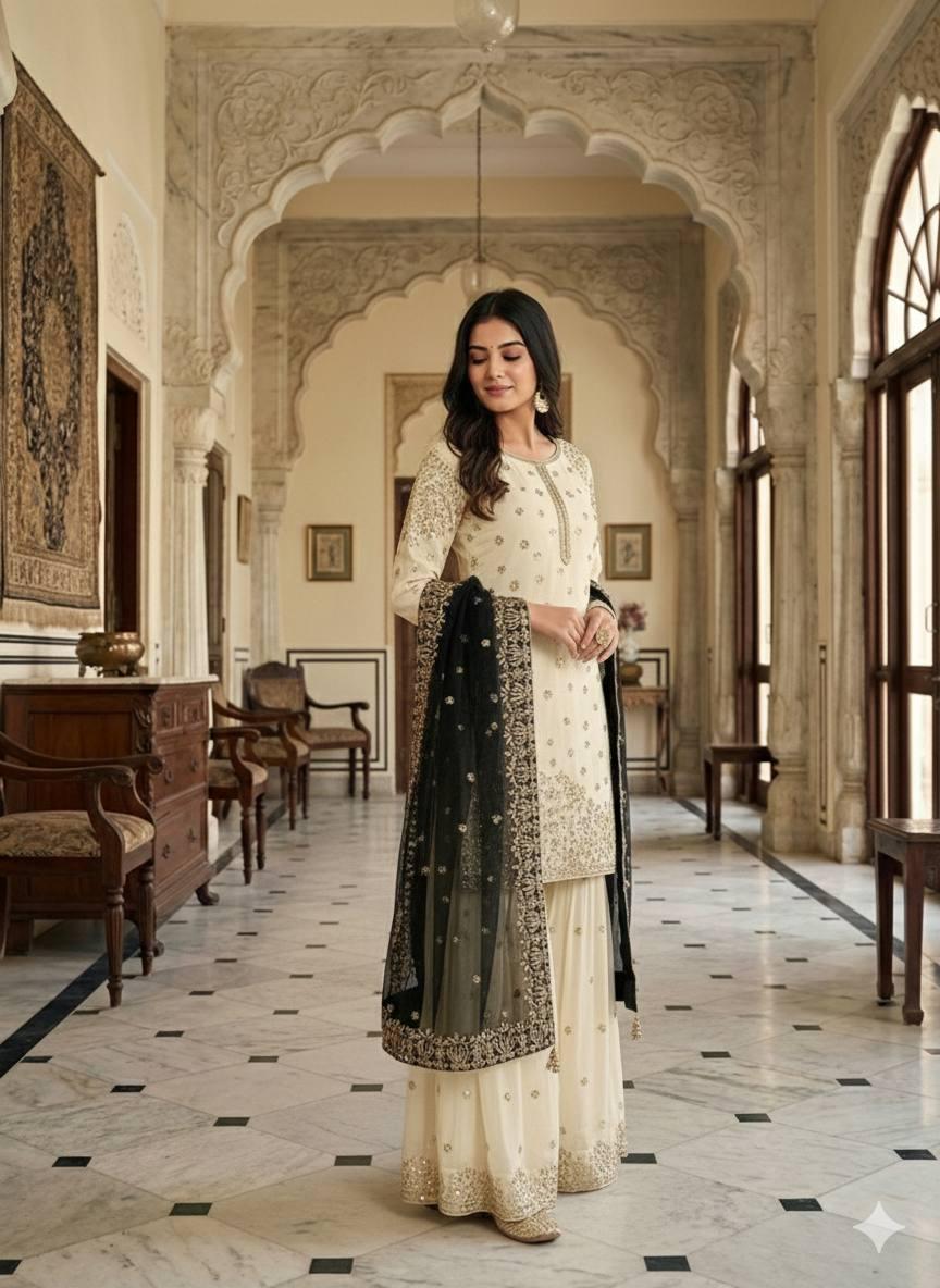Ivory Embroidered Kurti Gharara Dupatta Set with Black Dupatta Suit