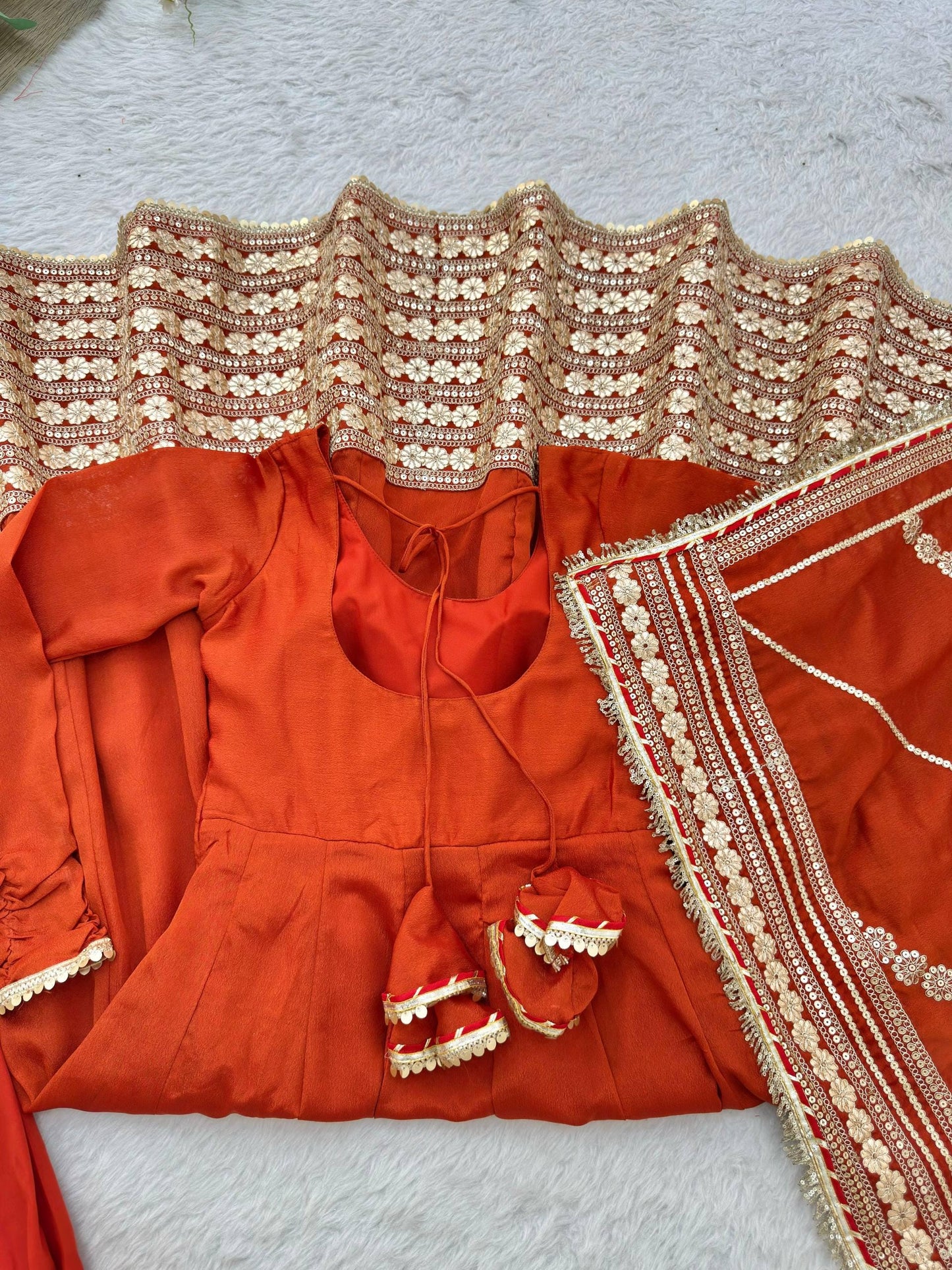 Rust Designer Silk Anarkali Gown Set with Dupatta & Pant