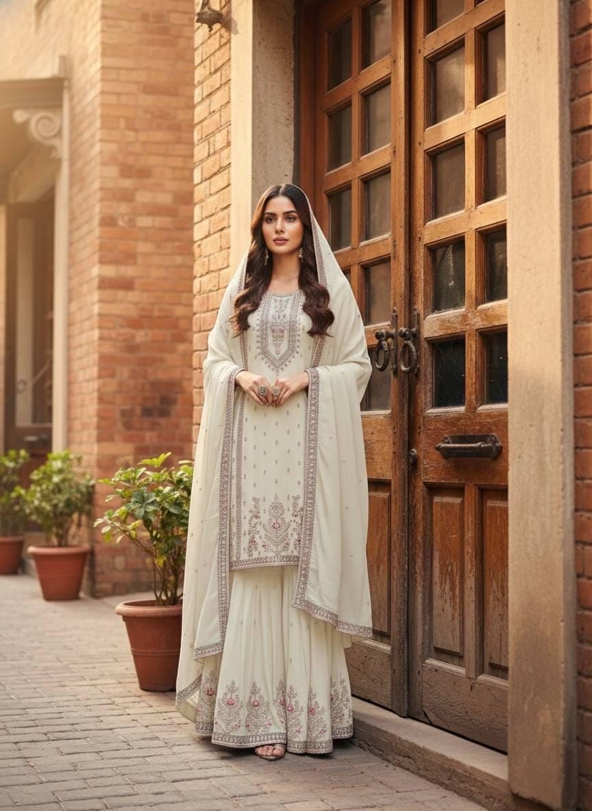 White Silk Kurta & Palazzo Set For Pakistani Wedding