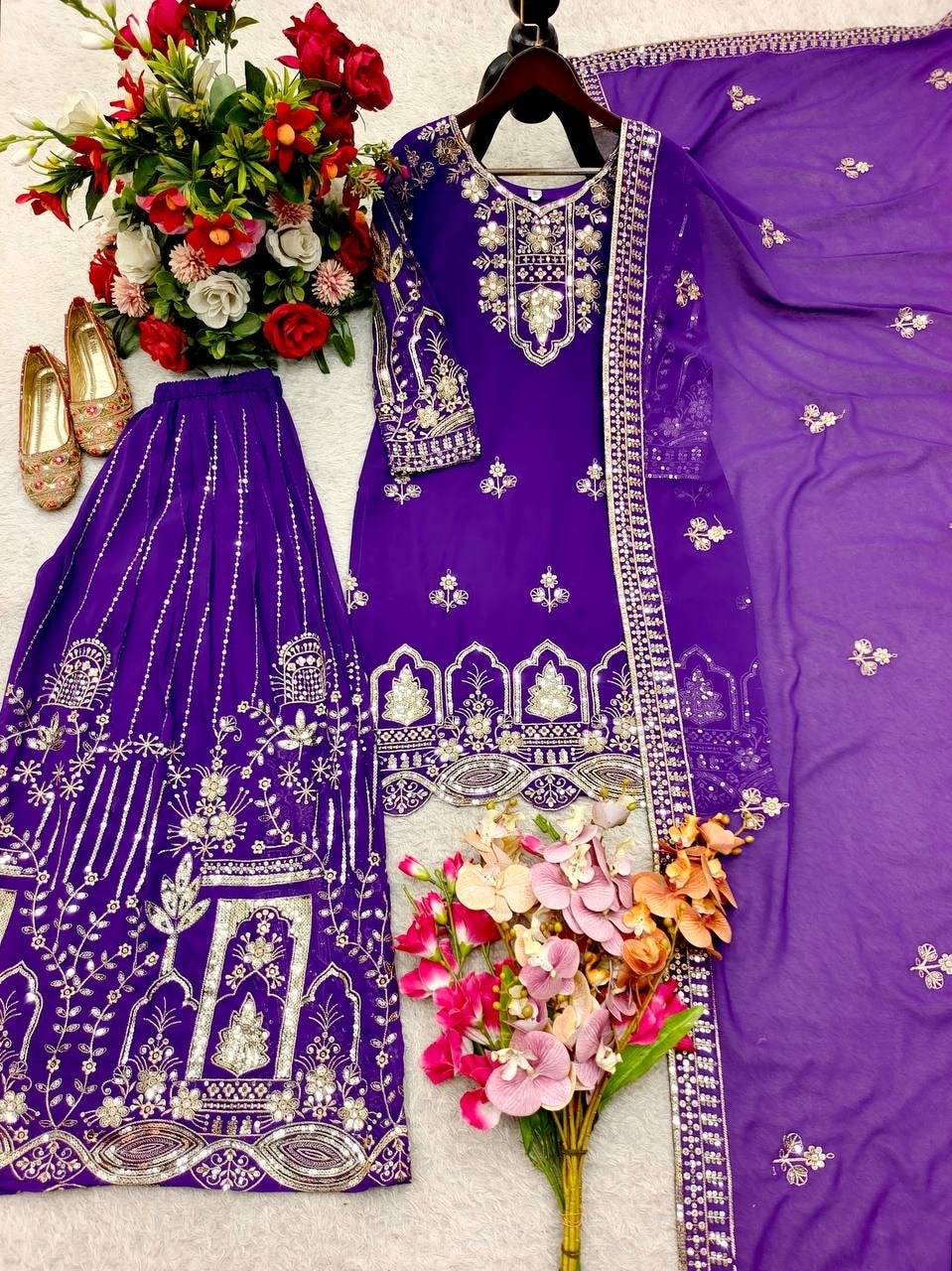 Royal Purple Embroidered Sharara Suit Set with Dupatta