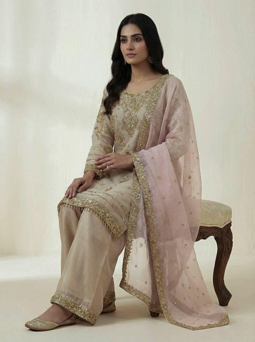 Beige Embroidered Kurti Palazzo Set with Dupatta - Pakisatni Wedding Outfit