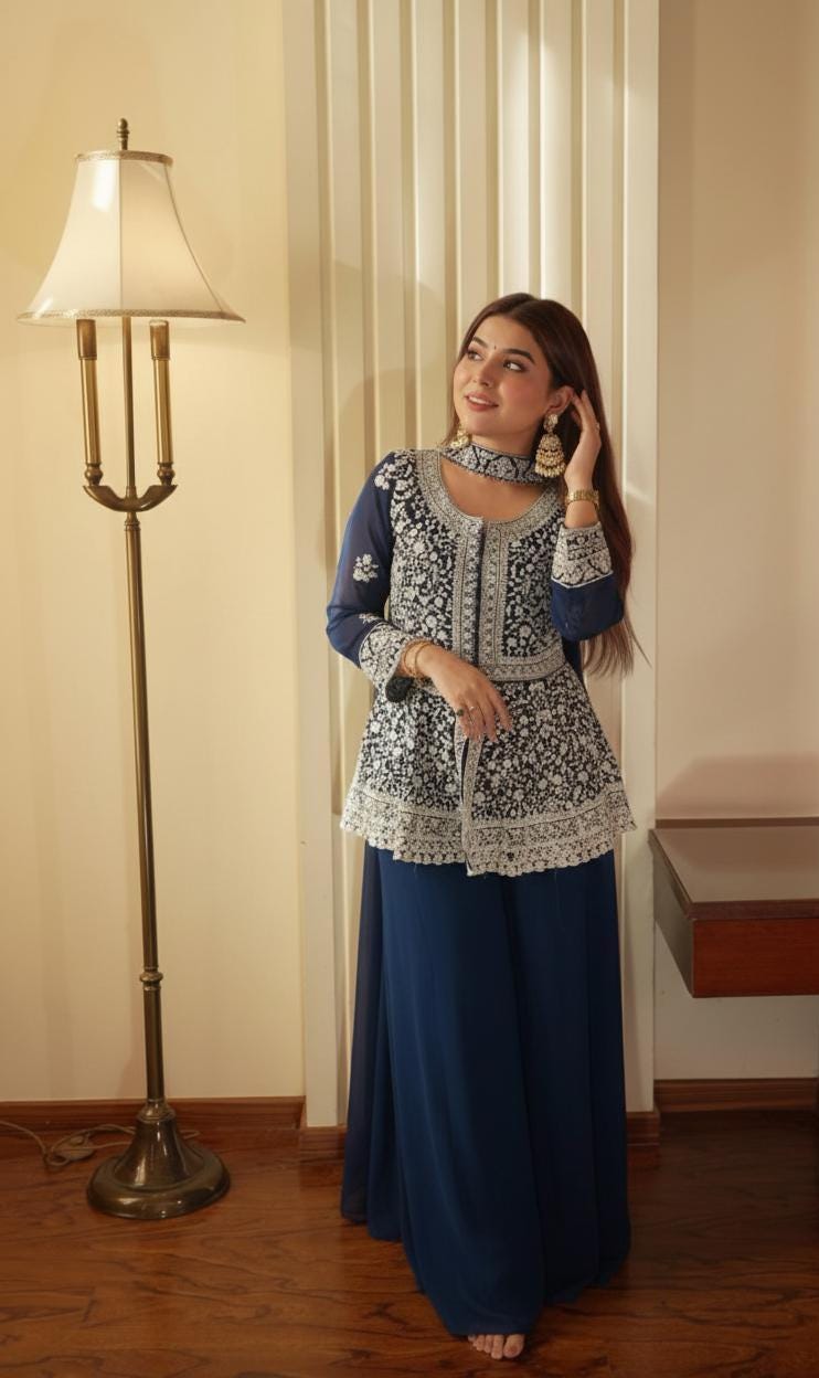 Pakistani Blue Embroidered Kurti & Palazzo Suit With Sequin Work Dupatta Set