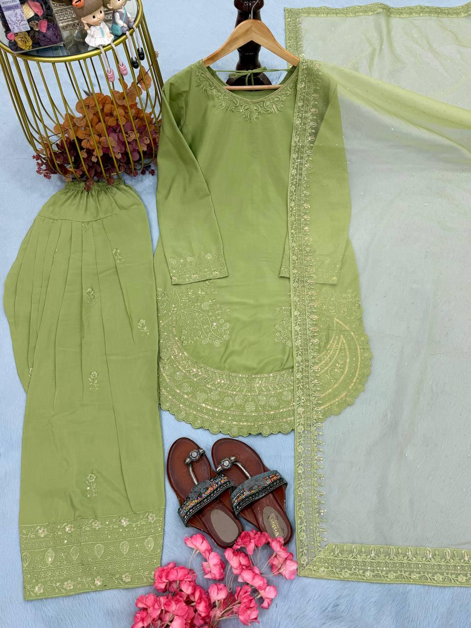 Green Embroidered Salwar Suit with Dupatta | Farsi Palazzo Set for Women