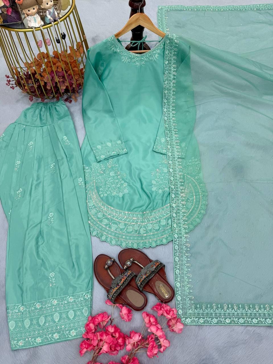 Designer Farshi Palazzo Suit in Pure Natural Crepe with Embroidered Organza Dupatta