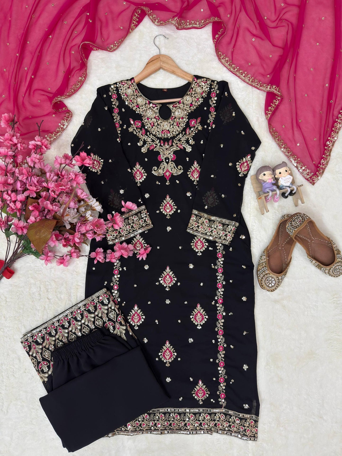 Designer Black Georgette Pakistani-Style Kameez and Trouser Suit With Pink Dupatta