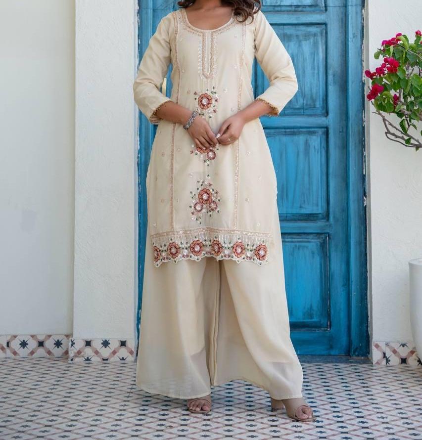 Elegant Ivory Kurti Palazzo Set with Pink Dupatta Set | Embroidered Festive Wear for Women