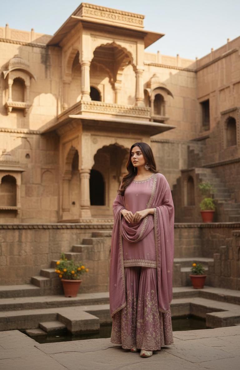Pink Mauve Embroidered Kurta with Palazzo Suit & Dupatta Set - Festive Wear