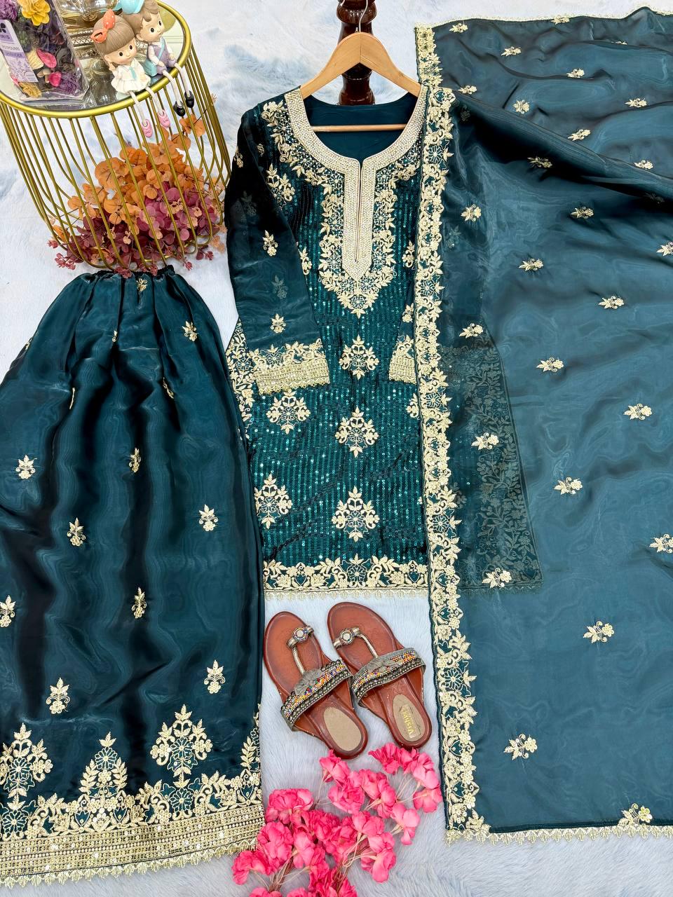 Elegant Green Silk Top Palazzo Set with Heavy Embroidery & Dupatta