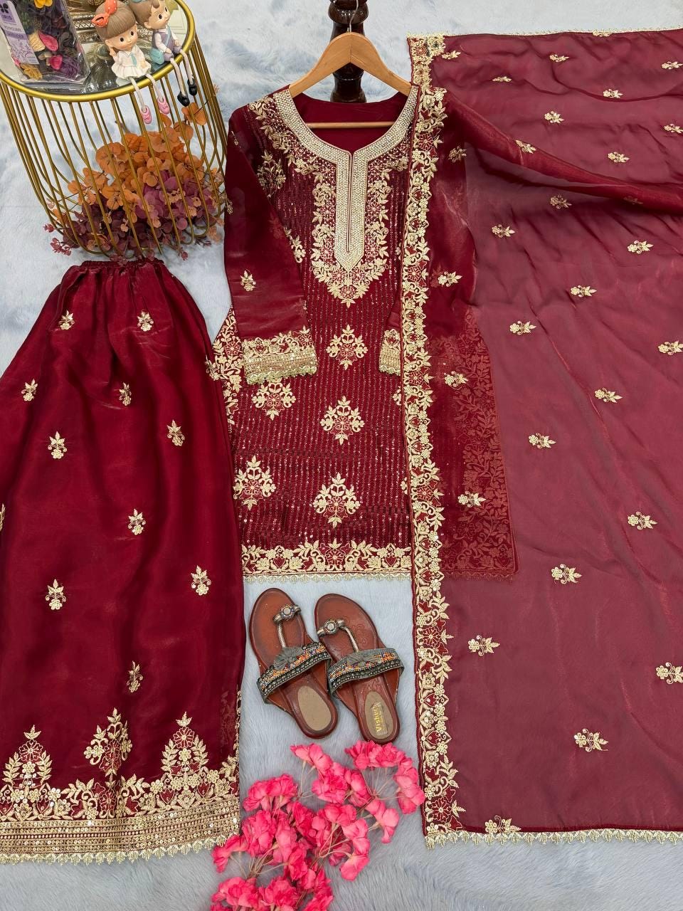 Designer Maroon Silk Top Palazzo Set with Heavy Embroidery & Dupatta – Traditional Wedding Dress