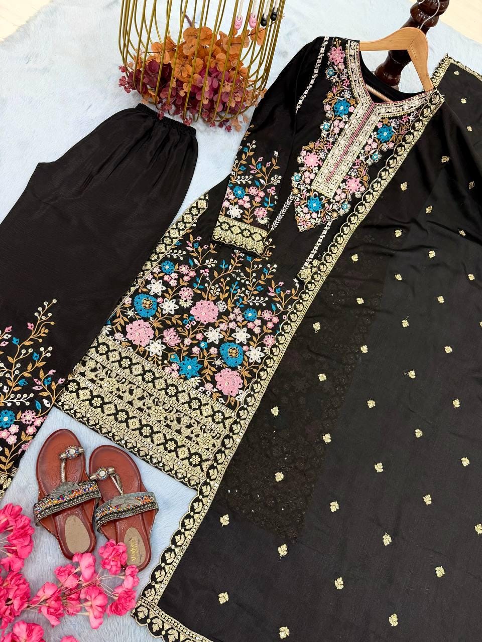Black Indian Designer Silk Long Kurta & Palazzo With Dupatta
