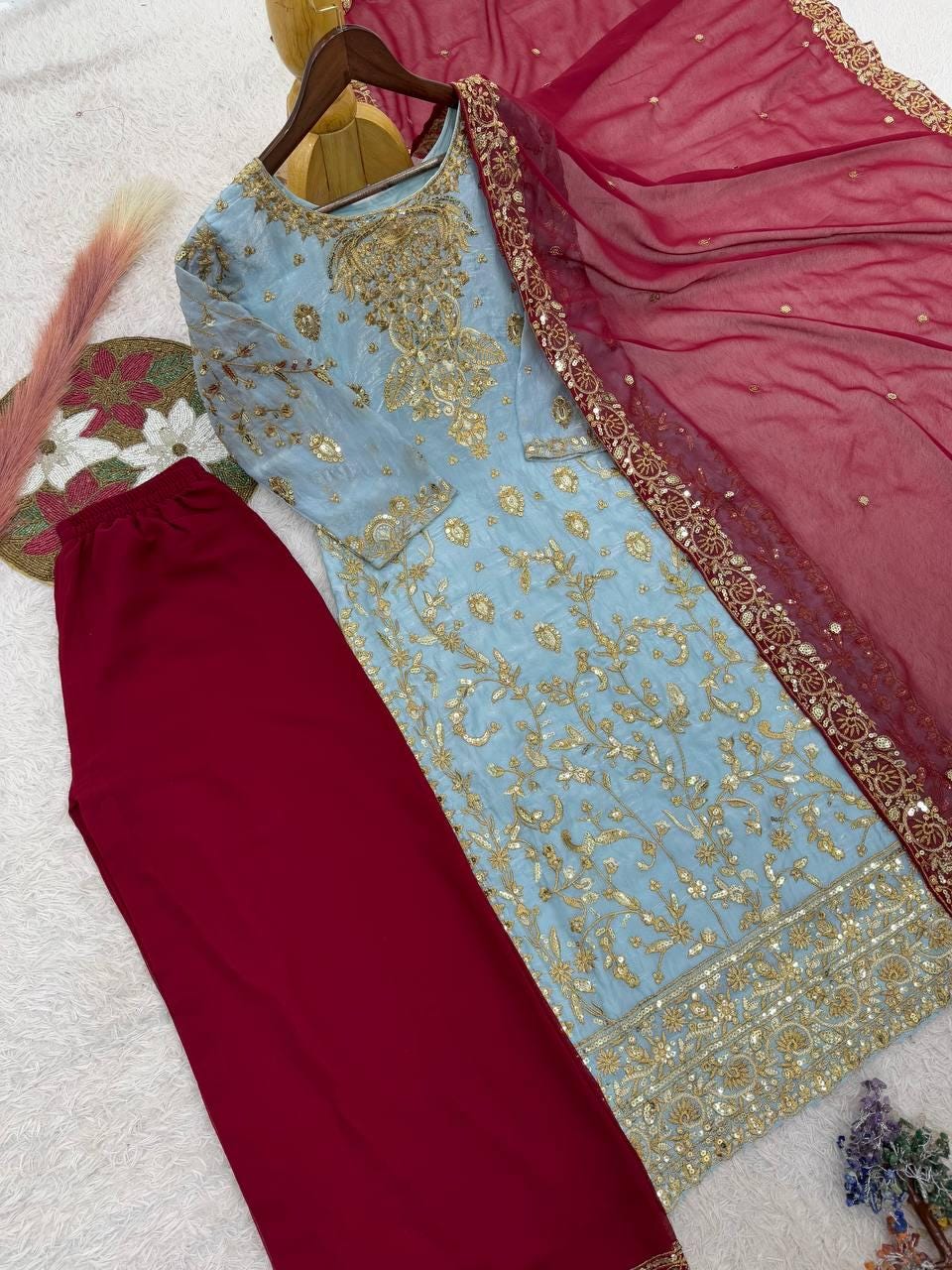 Embroidered Silk Kameez with Red Palazzo Pants and Dupatta – Festival Wear
