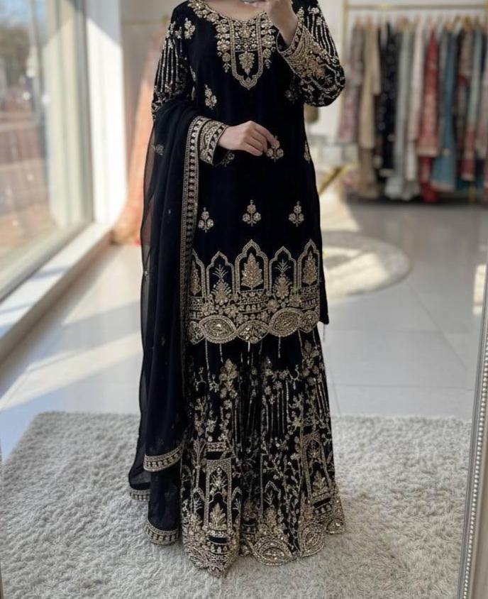 Pakistani Black Gold Embroidery Kurta & Palazzo Suit With Matching Dupatta Set