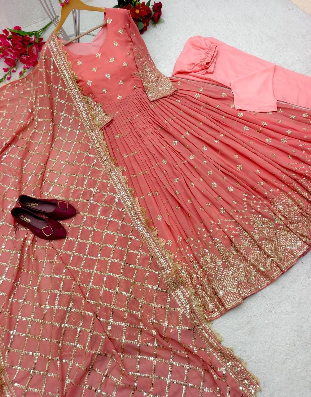 Peach Fox Georgette Embroidered Gown with Pant & Dupatta | Designer Festive Wear Set