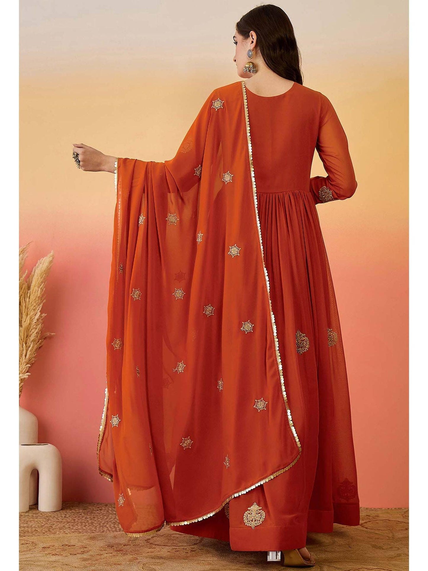 Designer Orange Embroidered Anarkali Suit with Dupatta for Festive Wear