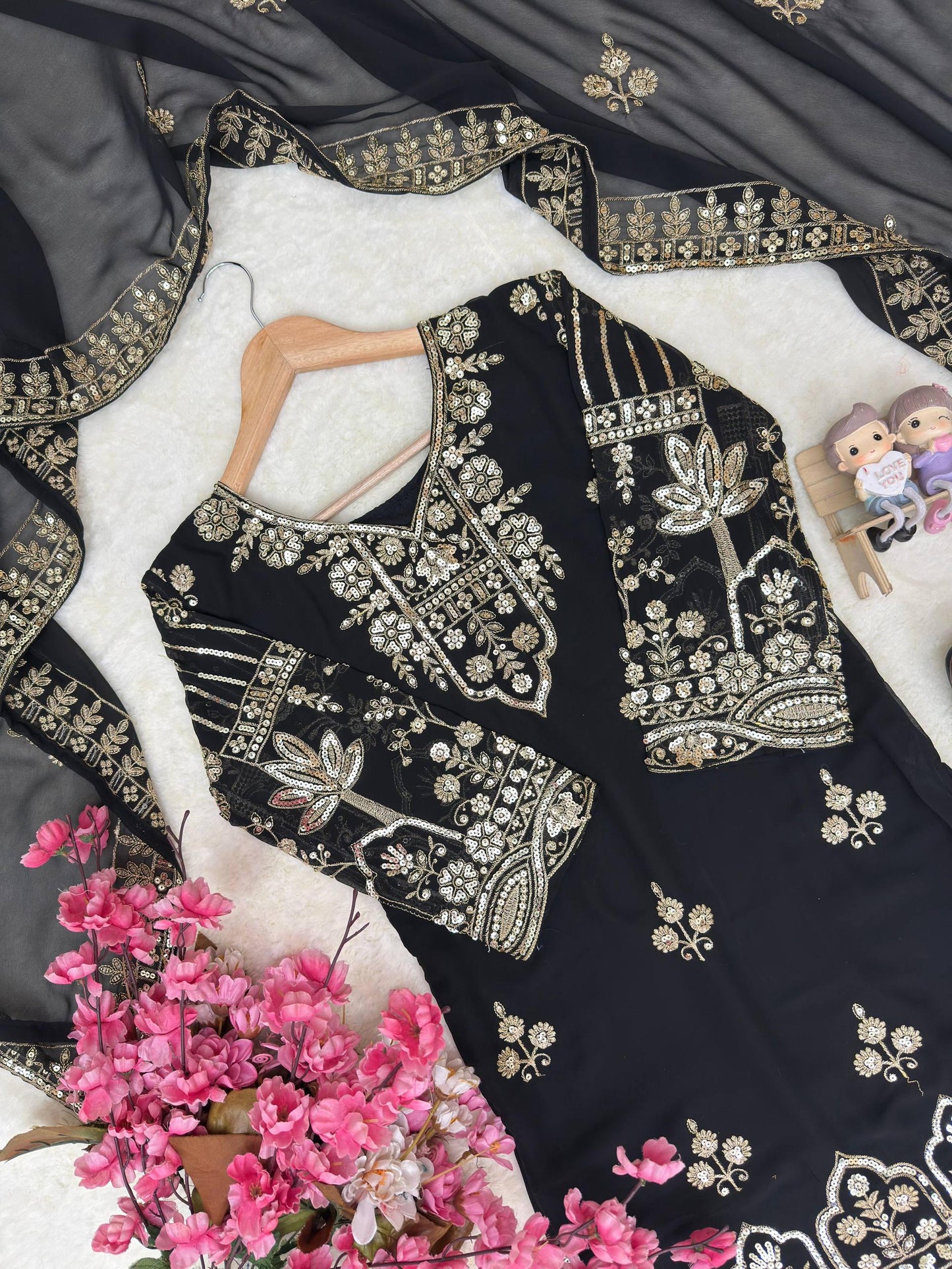 Designer Black Pakistani Palazzo Set With Golden Embroidery Work