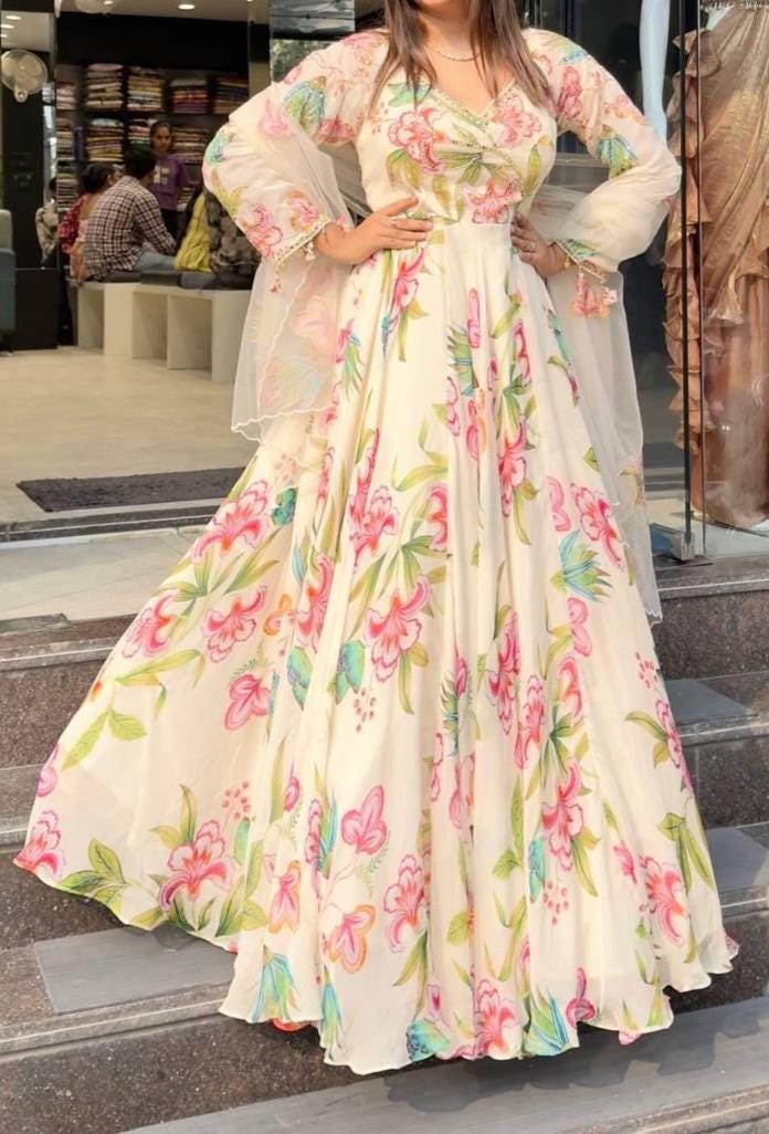 White Faux Georgette Gown with Organza Dupatta With Floral Digital Print