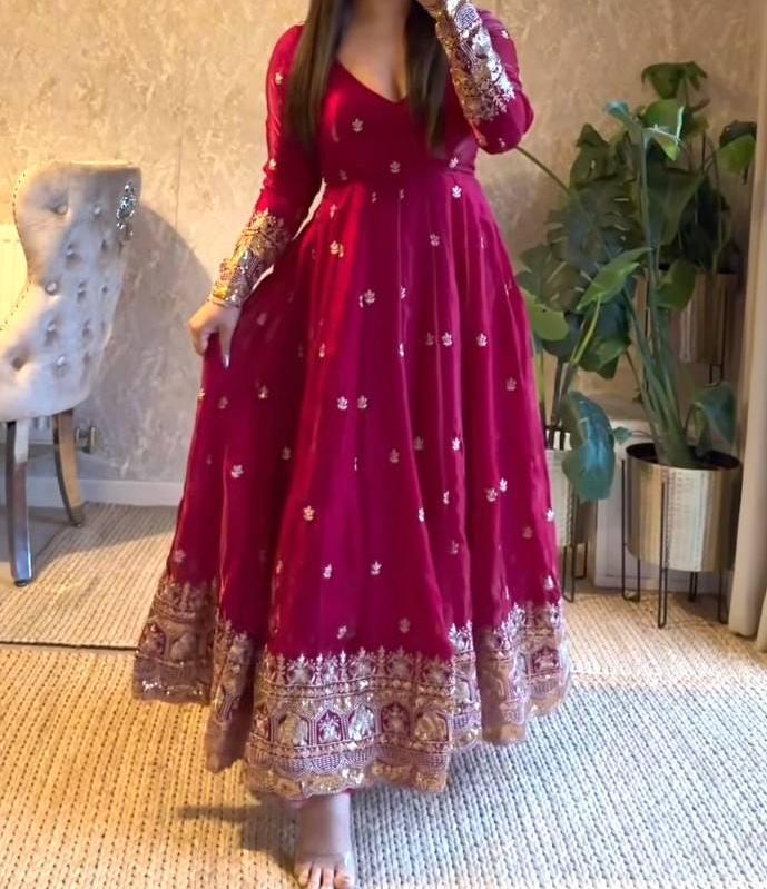 PInk Embroidered Anarkali Gown for Women with Heavy Border & Full Sleeves