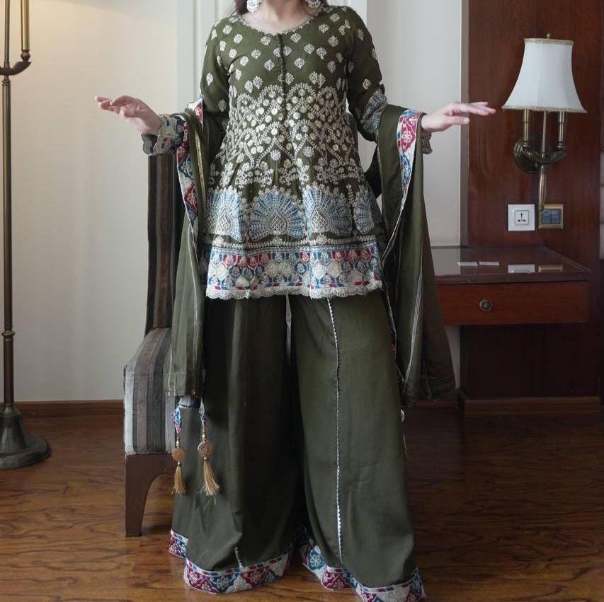 Olive Green Chinon Embroidered Kurta Palazzo Dupatta Set | Festive Ethnic Wear